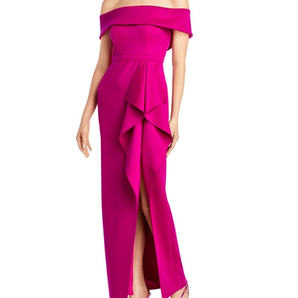 AQUA Off-the-Shoulder Cascade Gown in Pink